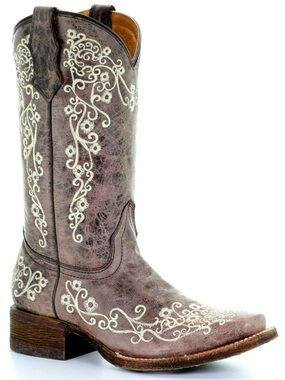 CORRAL KIDS' EMBROIDERED WESTERN LEATHER BOOTS Taupe Stitching Size Kids/Girls 3